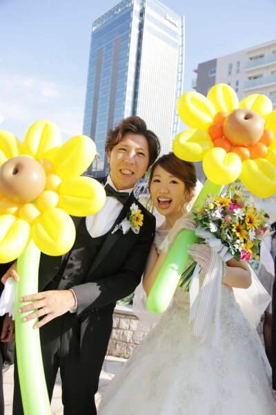 新潟市結婚式場　ブレストン　夏　サマーウェディング　ひまわり　カメラマン　カメラ　写真　ひまわり畑　ひまわり　ブーケ　チャペル式　バルーンリリース　アフターセレモニー　コンフェッティ　フラワーシャワー