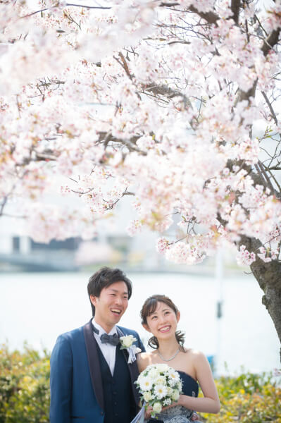 新潟市結婚式場　ブレストン　前撮り　桜　信濃川　万代テラス　桜前撮り